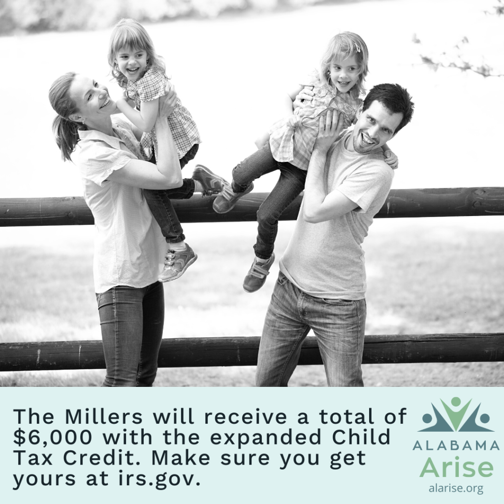 Image: Parents holding their smiling children while standing next to a fence. Text: The Millers will receive a total of $6,000 with the expanded Child Tax Credit. Make sure you get yours at irs.gov.