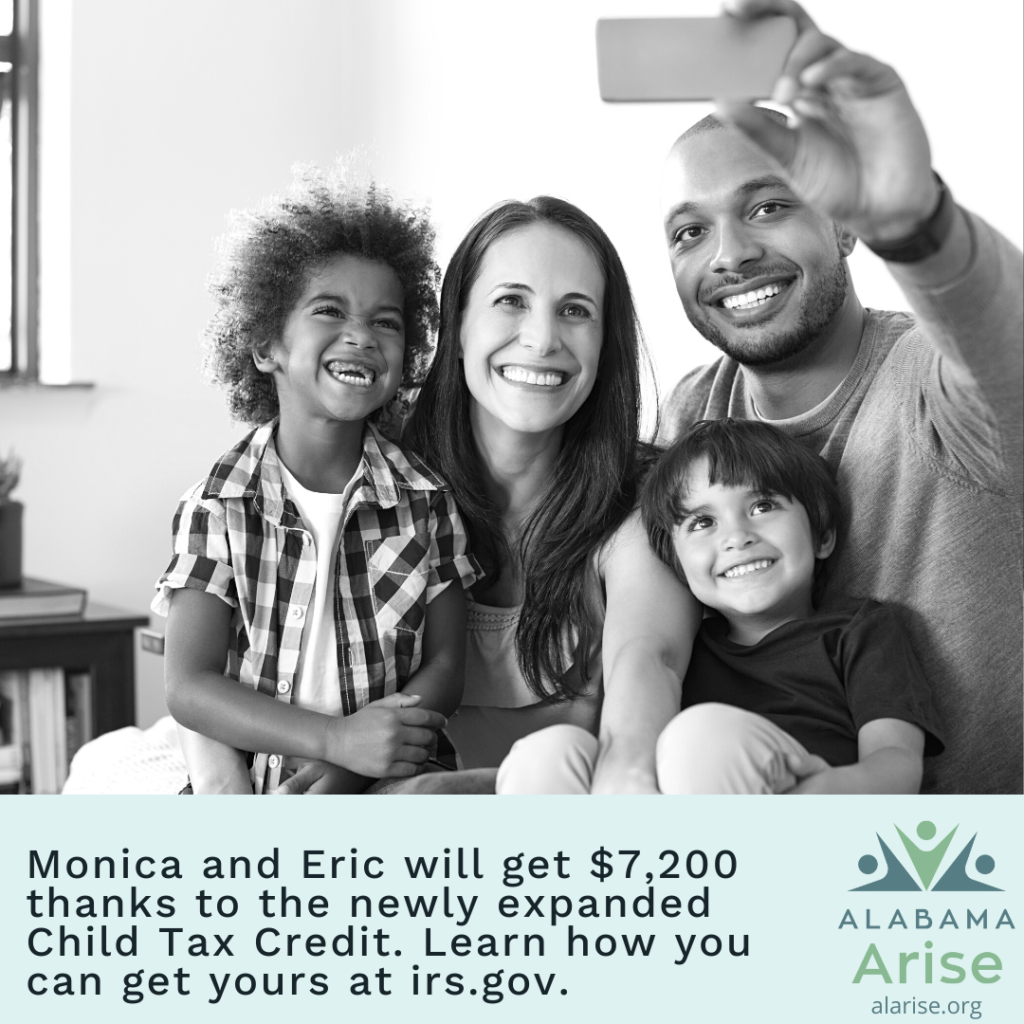 Image: Parents and their two young children smiling while taking a selfie. Text: Monica and Eric will get $7,200 thanks to the newly expanded Child Tax Credit. Learn how you can get yours at irs.gov.