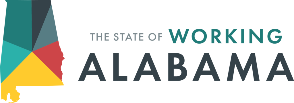 Multi-colored logo of the state of Alabama with the text The State of Working Alabama