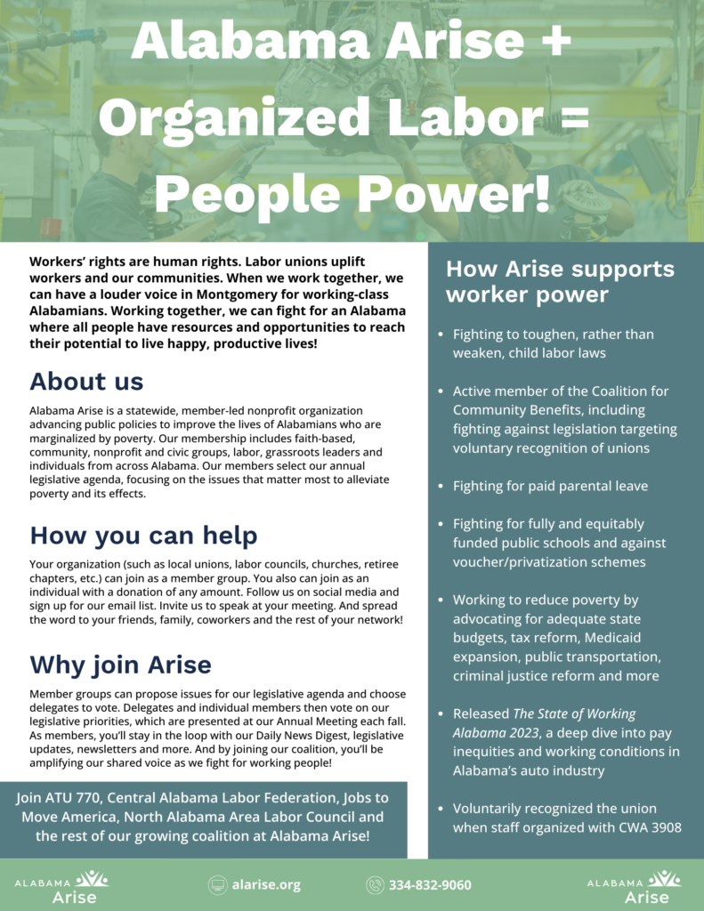 Image of flyer. Headline: "Alabama Arise + Organized Labor = People Power!"