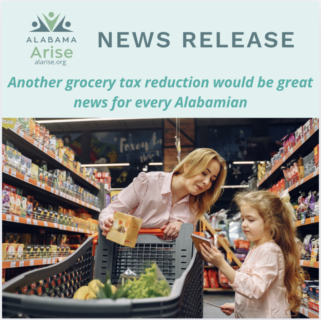 A woman pushes a grocery cart while her daughter stands next to her. Image text: "News release: Another grocery tax reduction would be great news for every Alabamian." 